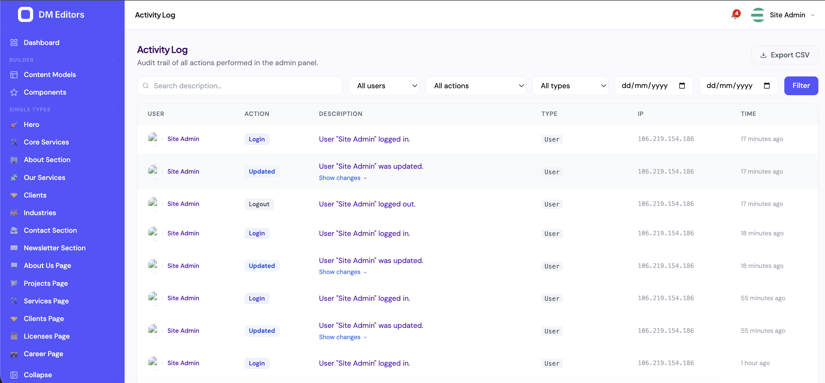 Activity Log with user, action pills (Login, Updated, Logout), description, type, IP, and timestamp columns, plus filter bar and Export CSV
