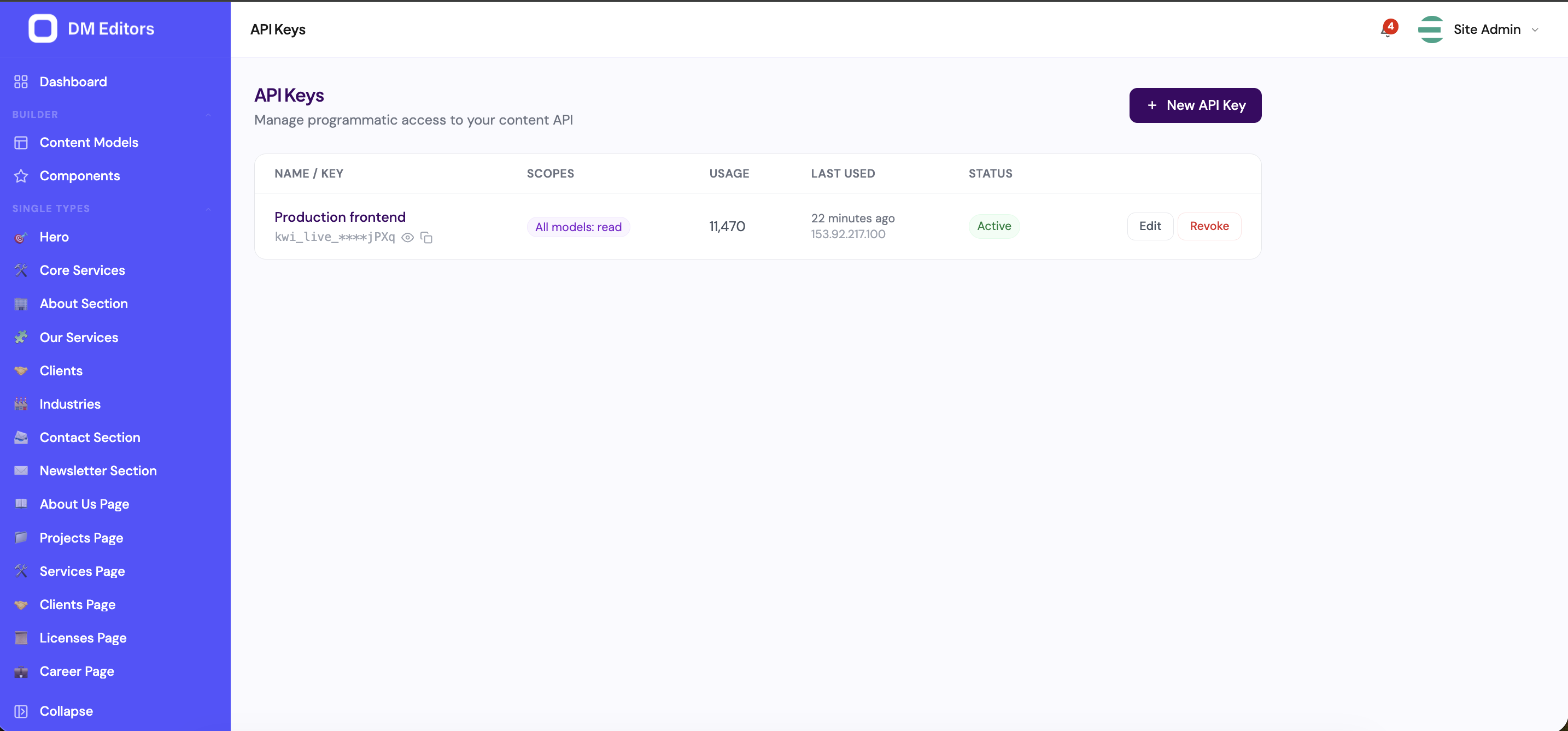 API Keys list with name, masked key, scopes, usage count, last used, and status