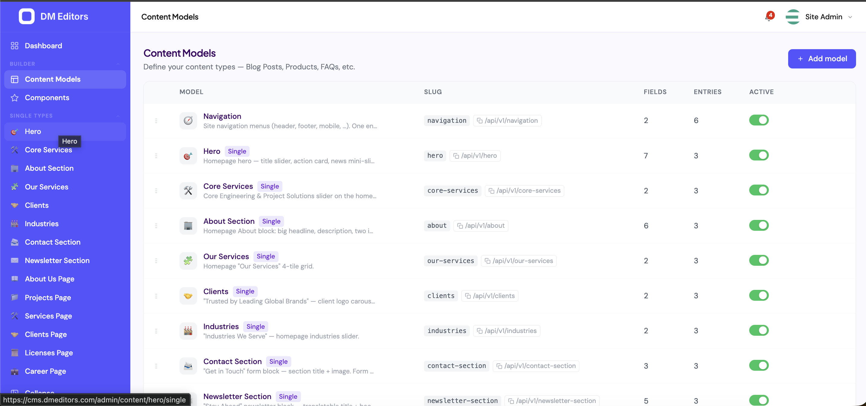 Content Models list showing each model with slug, fields, entries, and active toggle, plus the Add model button