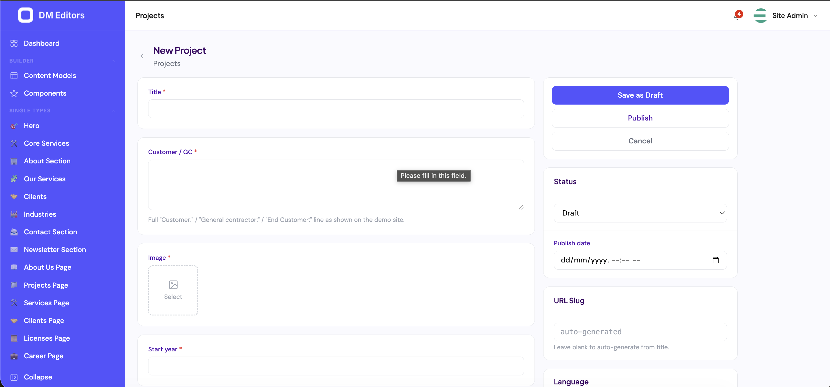 New entry form with main fields on the left and side panel for status, publish date, slug, and language on the right
