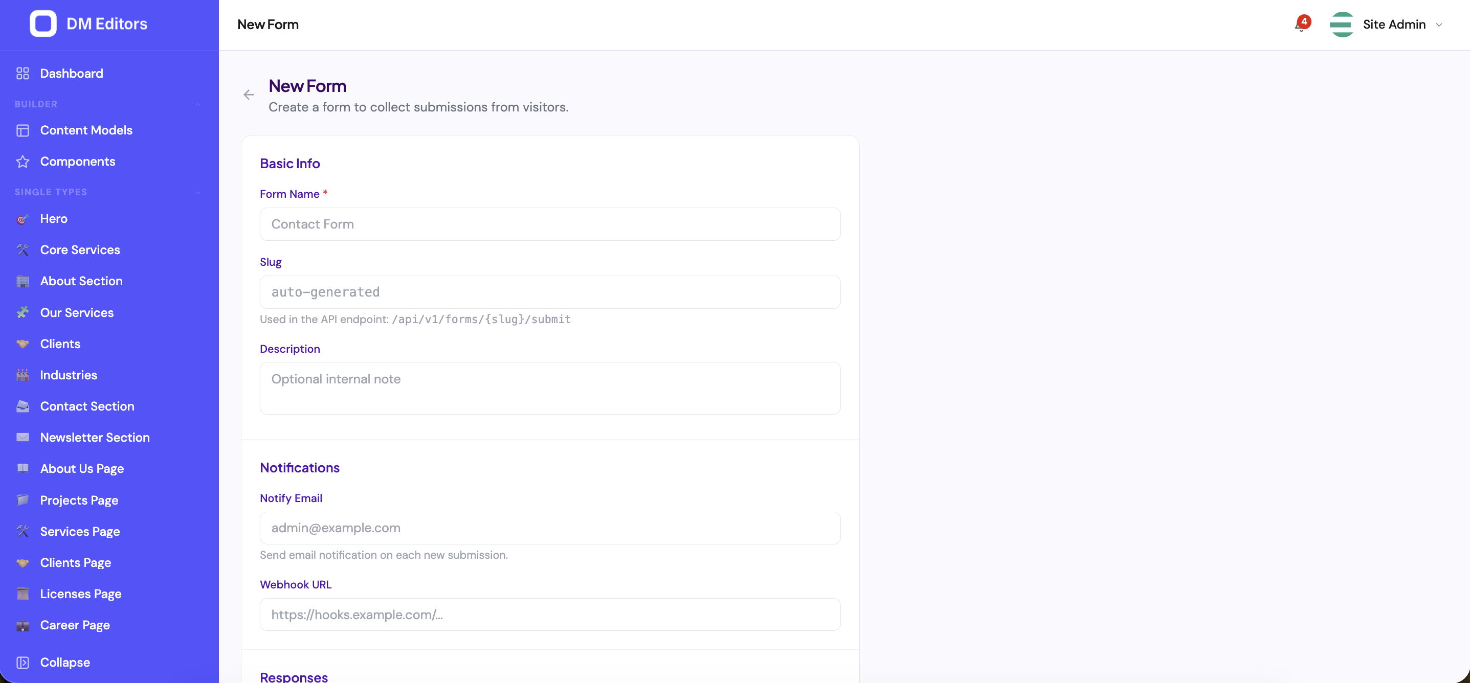New form builder with basic info, notifications, and field configuration sections