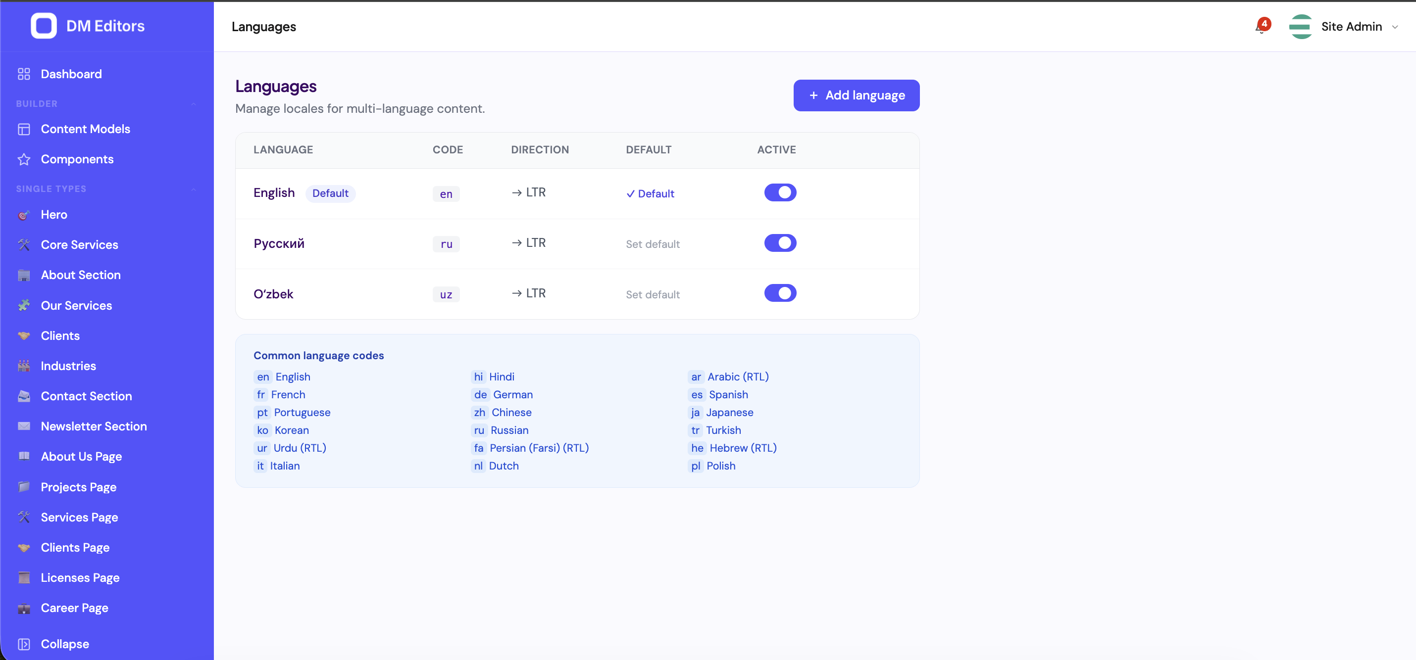 Languages list with code, direction, default pill, active toggle, and a panel of common language codes