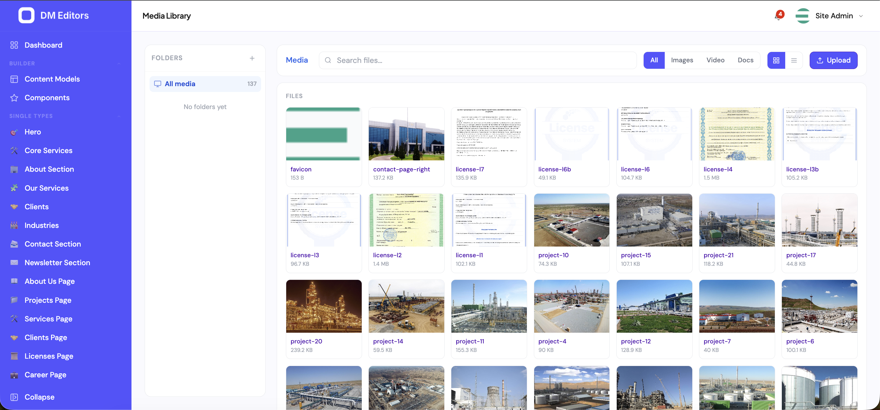 Media Library with folder sidebar, search bar, type filters, Upload button, and a grid of file thumbnails