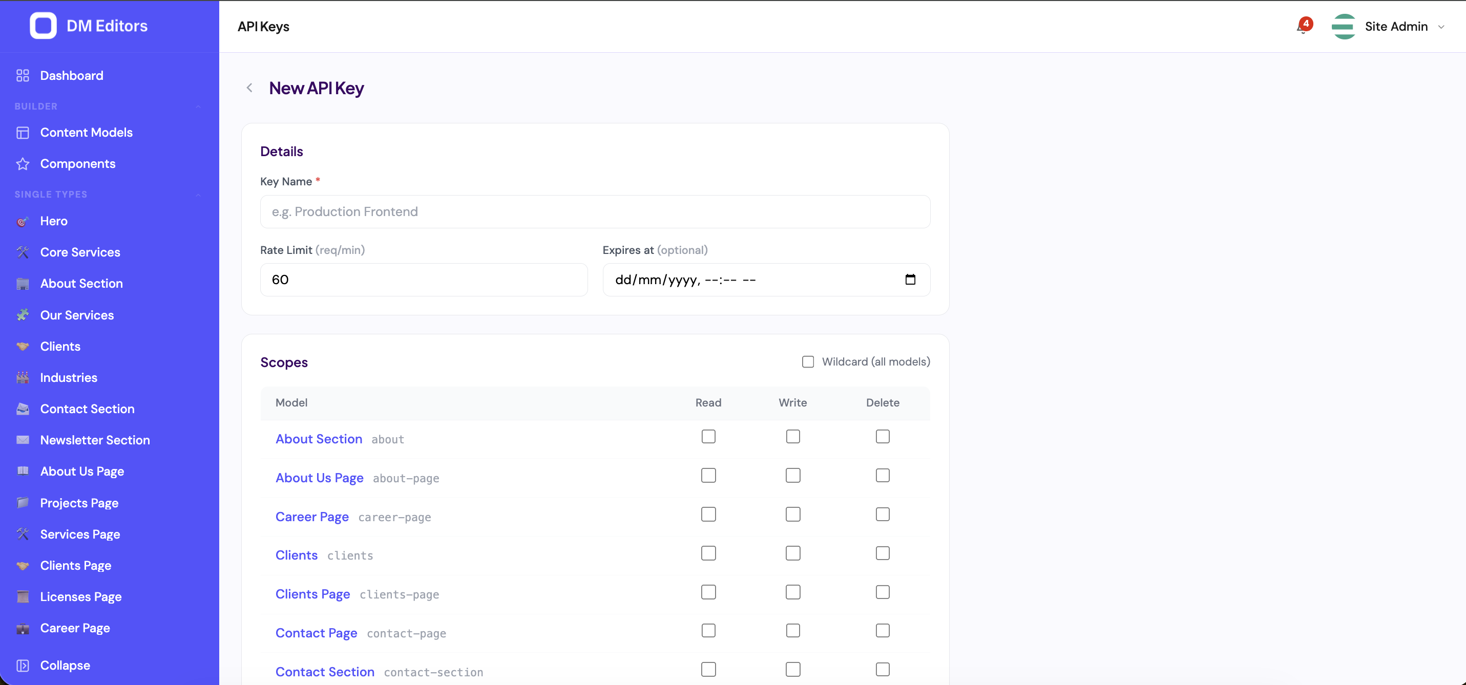 New API Key form with key name, rate limit, expiry, and a per-model scopes table