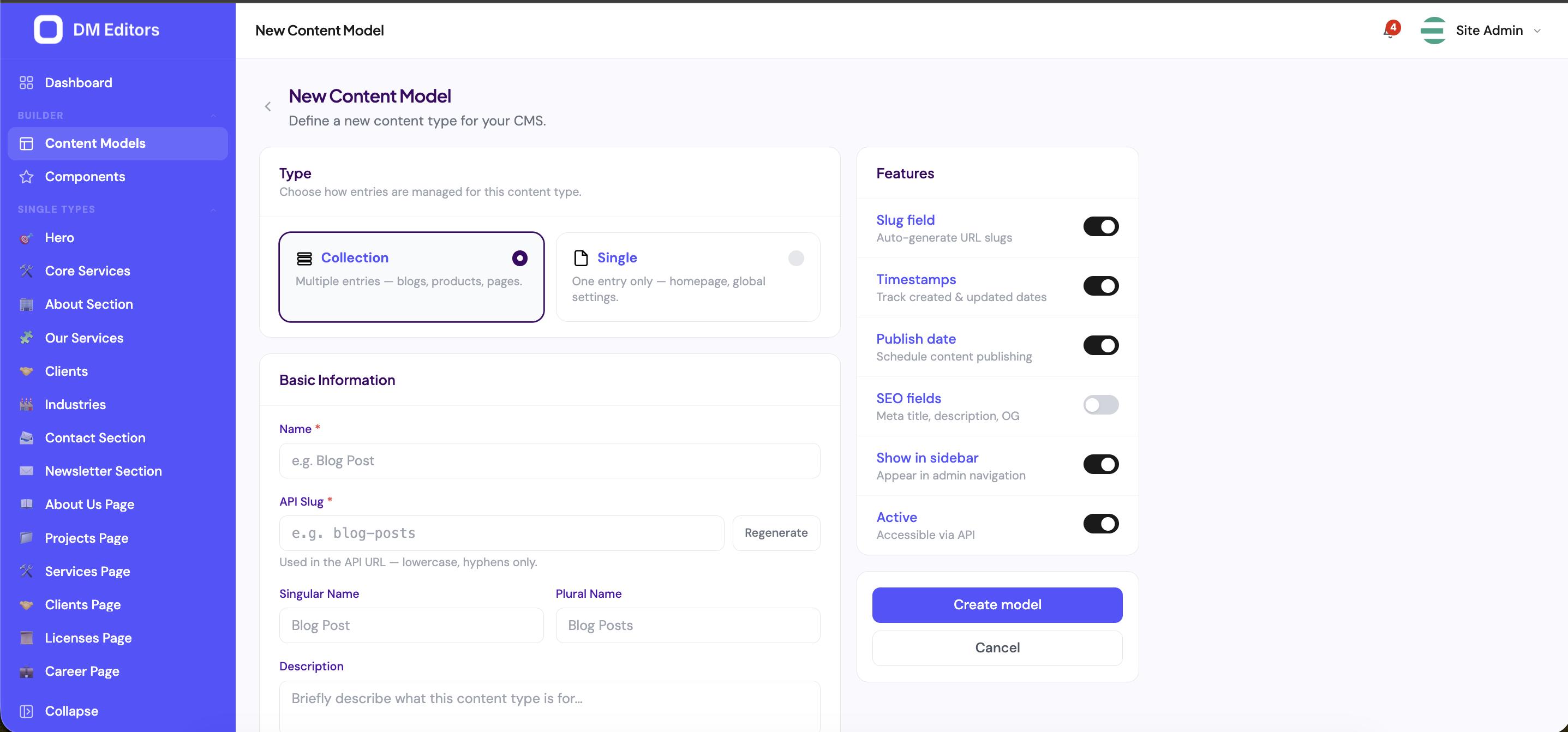 New Content Model form with type selector, basic info, and feature toggles
