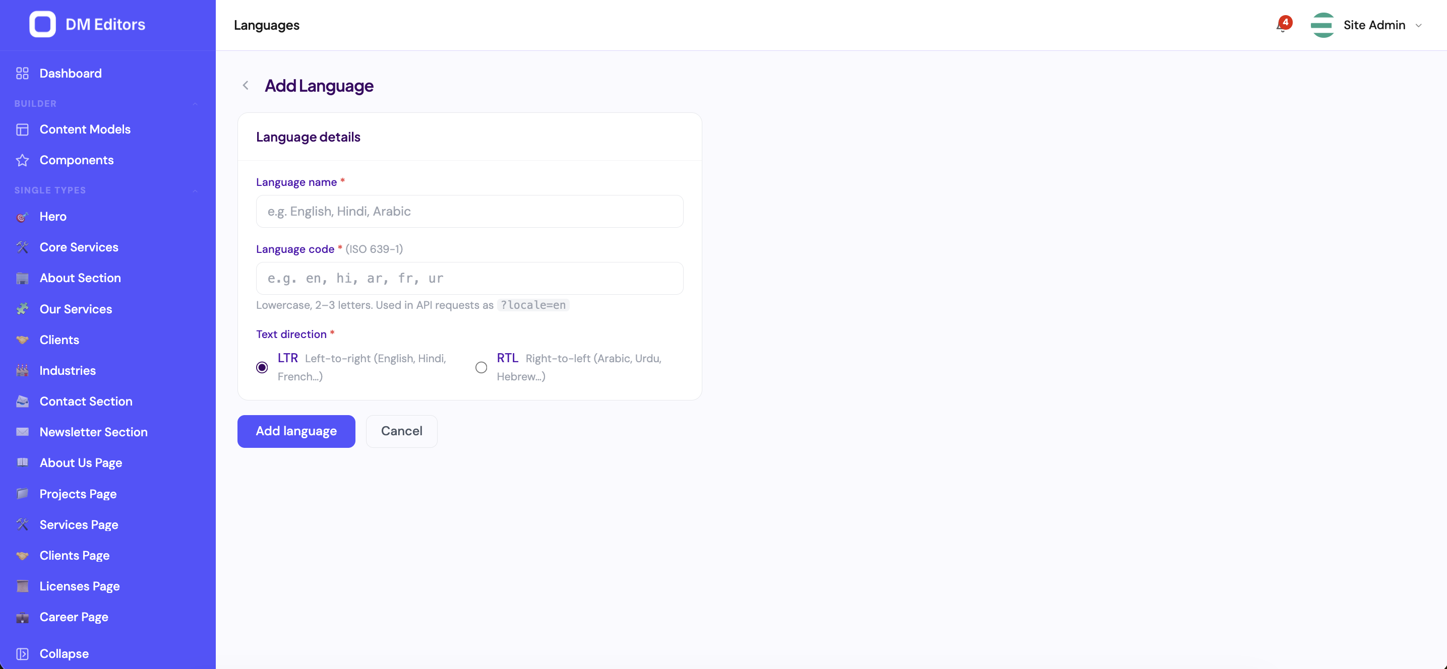 Add Language form with language name, ISO 639-1 code, and text direction selector