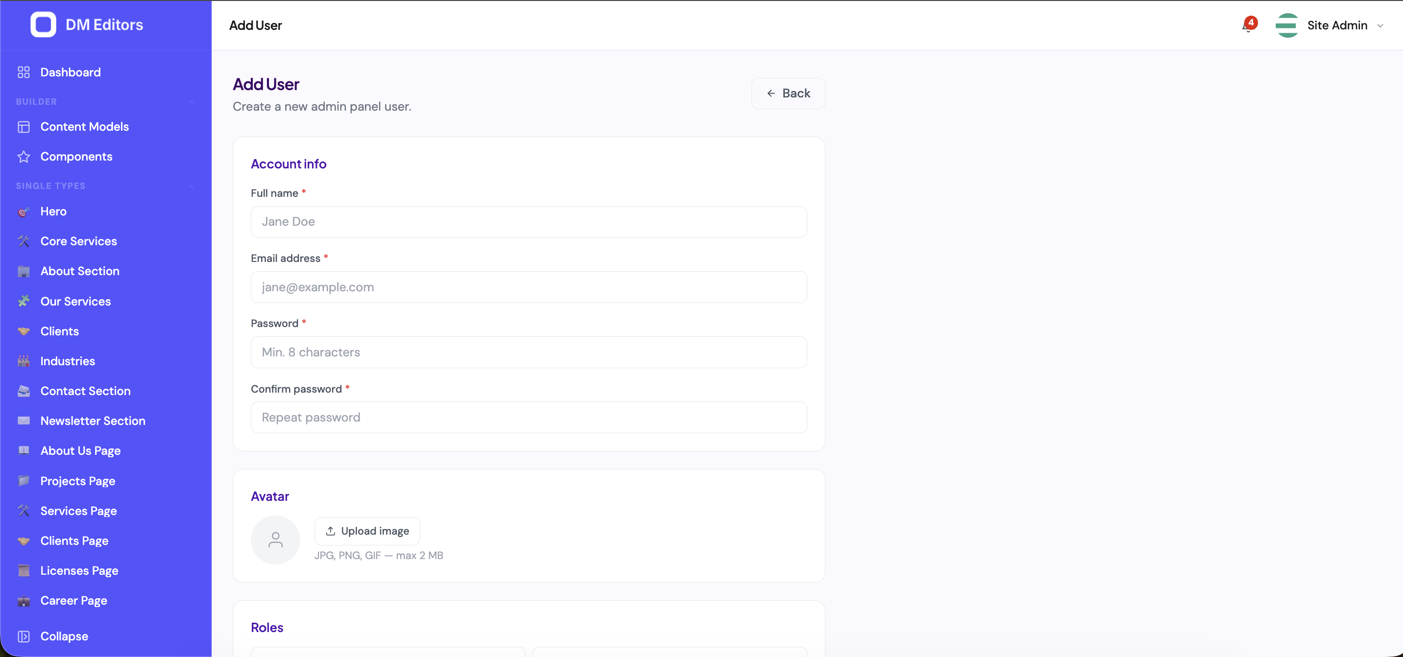 Add User screen reached from the Users list via the New user button