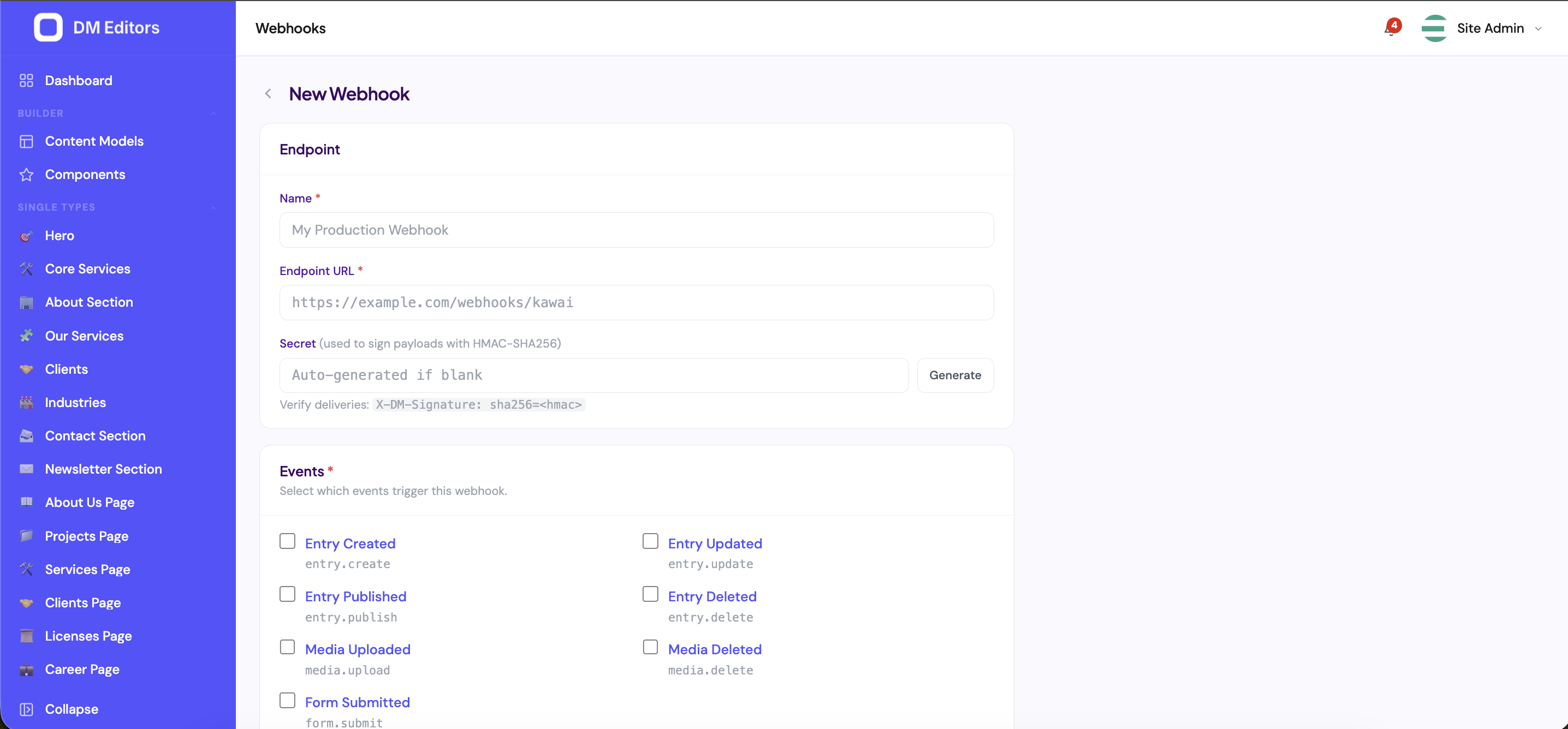 New Webhook form with endpoint URL, signing secret, and an events checklist (entry created, published, deleted, media events, form submitted)