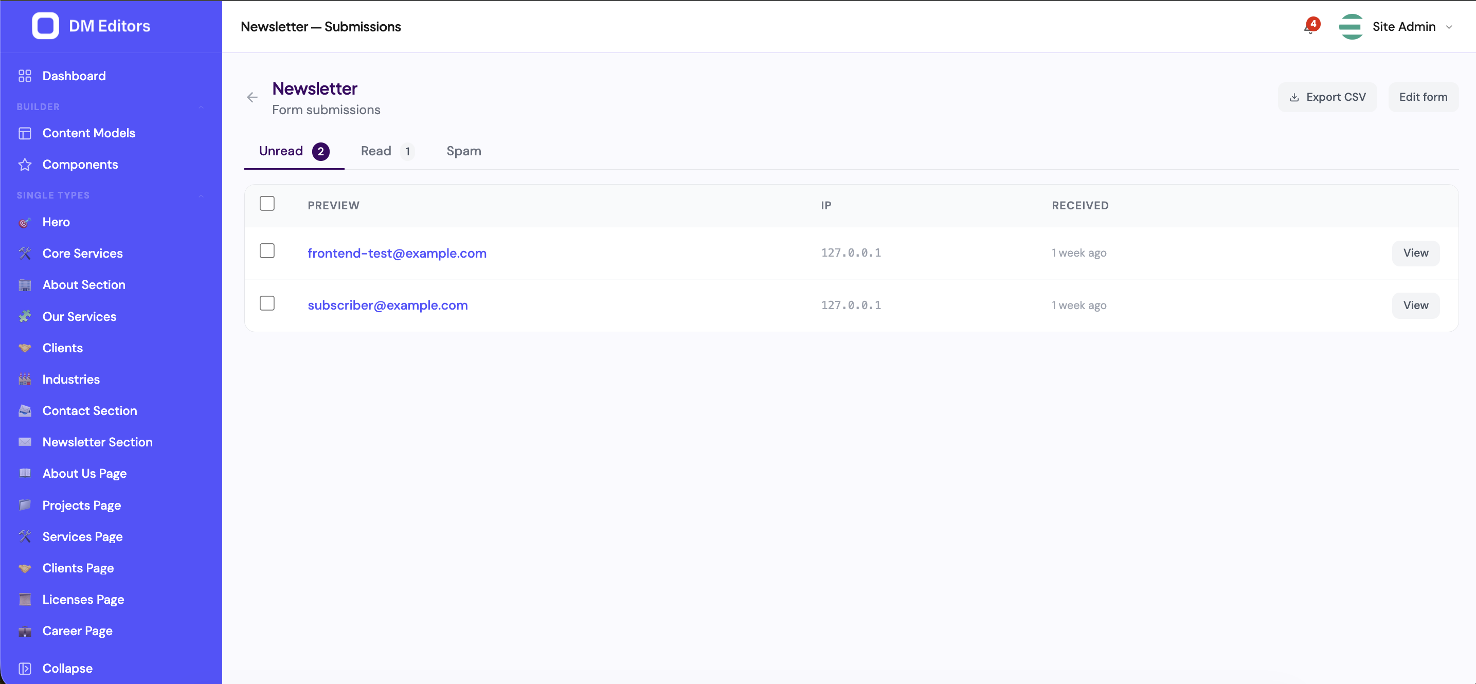 Newsletter form submissions list showing previews, IP, received time, and a View action per row