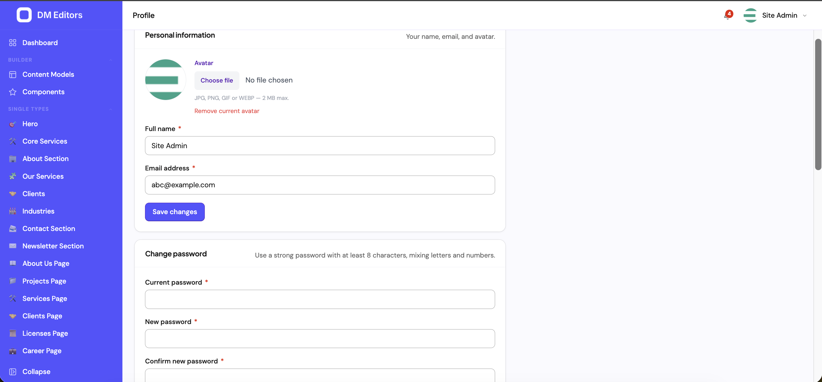 Profile editor with personal information and password change panels