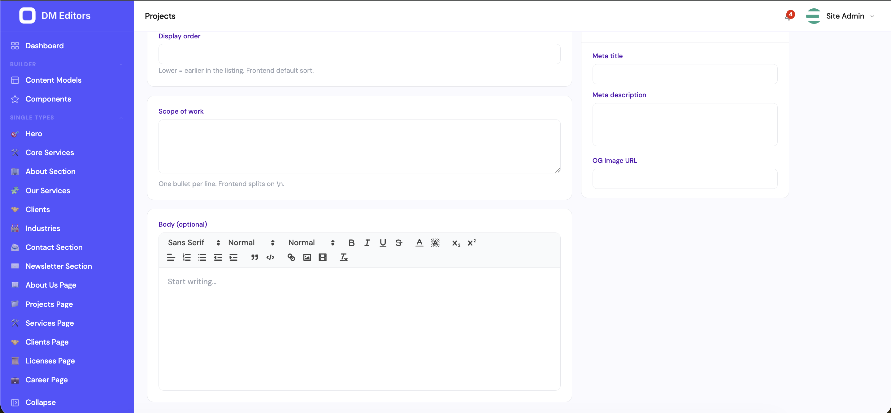 Body field with the rich text editor toolbar showing font, headings, formatting, lists, blockquote, code, and media controls