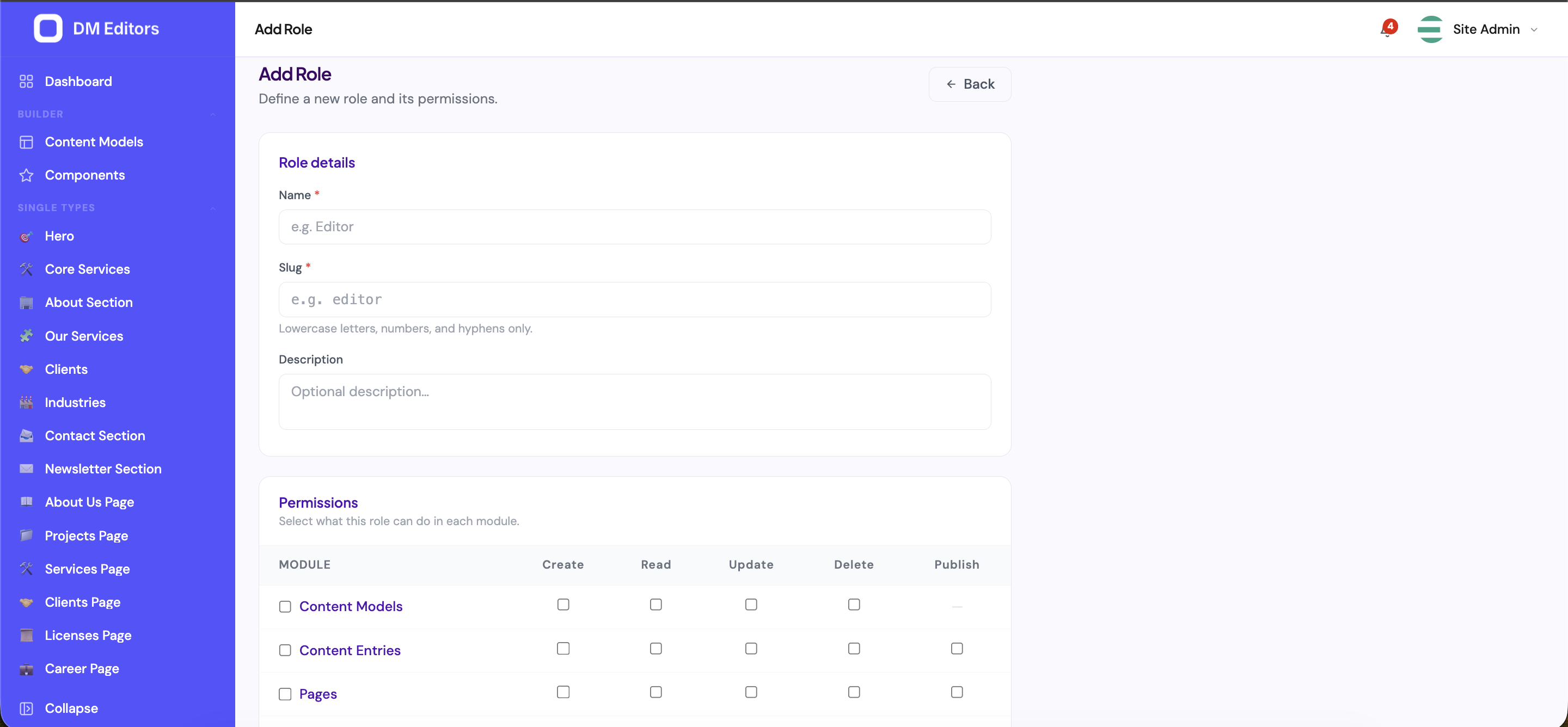 Add Role screen with role details and a permission matrix of Create / Read / Update / Delete / Publish per module