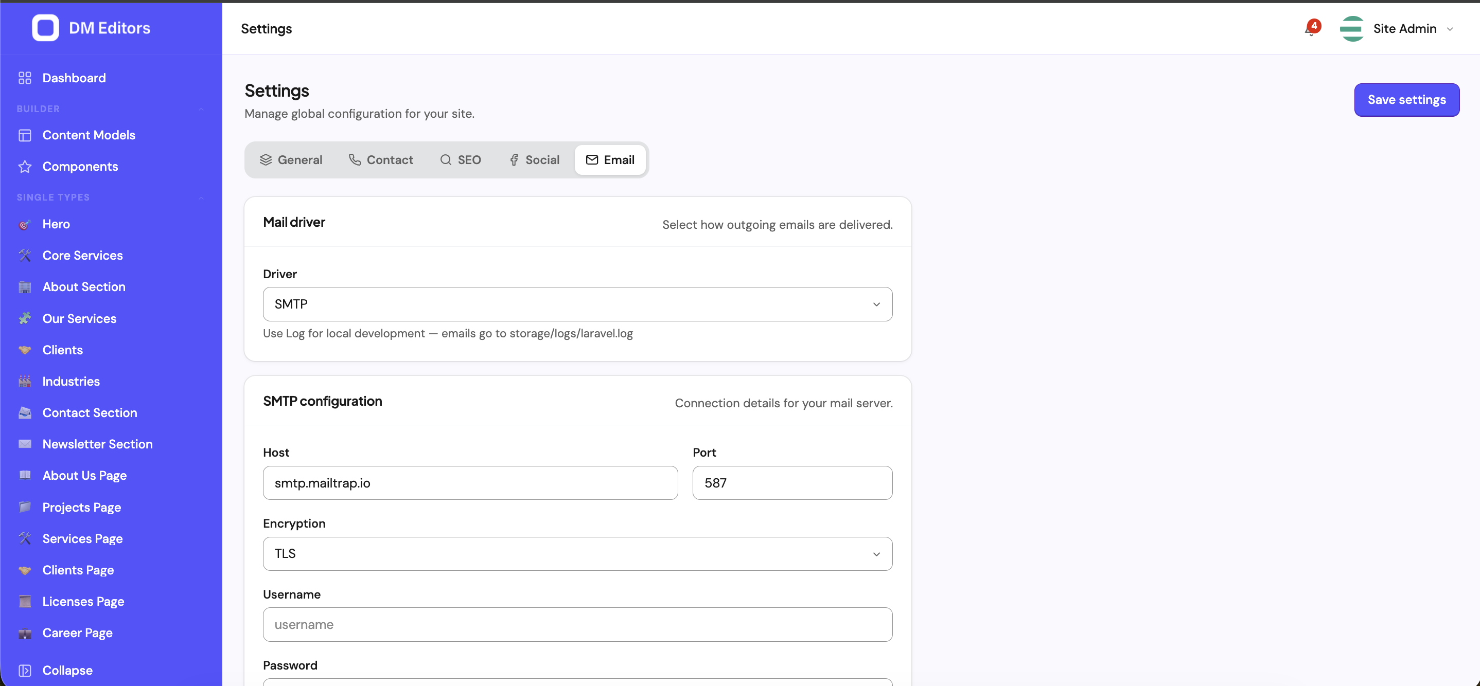 Settings Email tab with mail driver selector and SMTP configuration fields