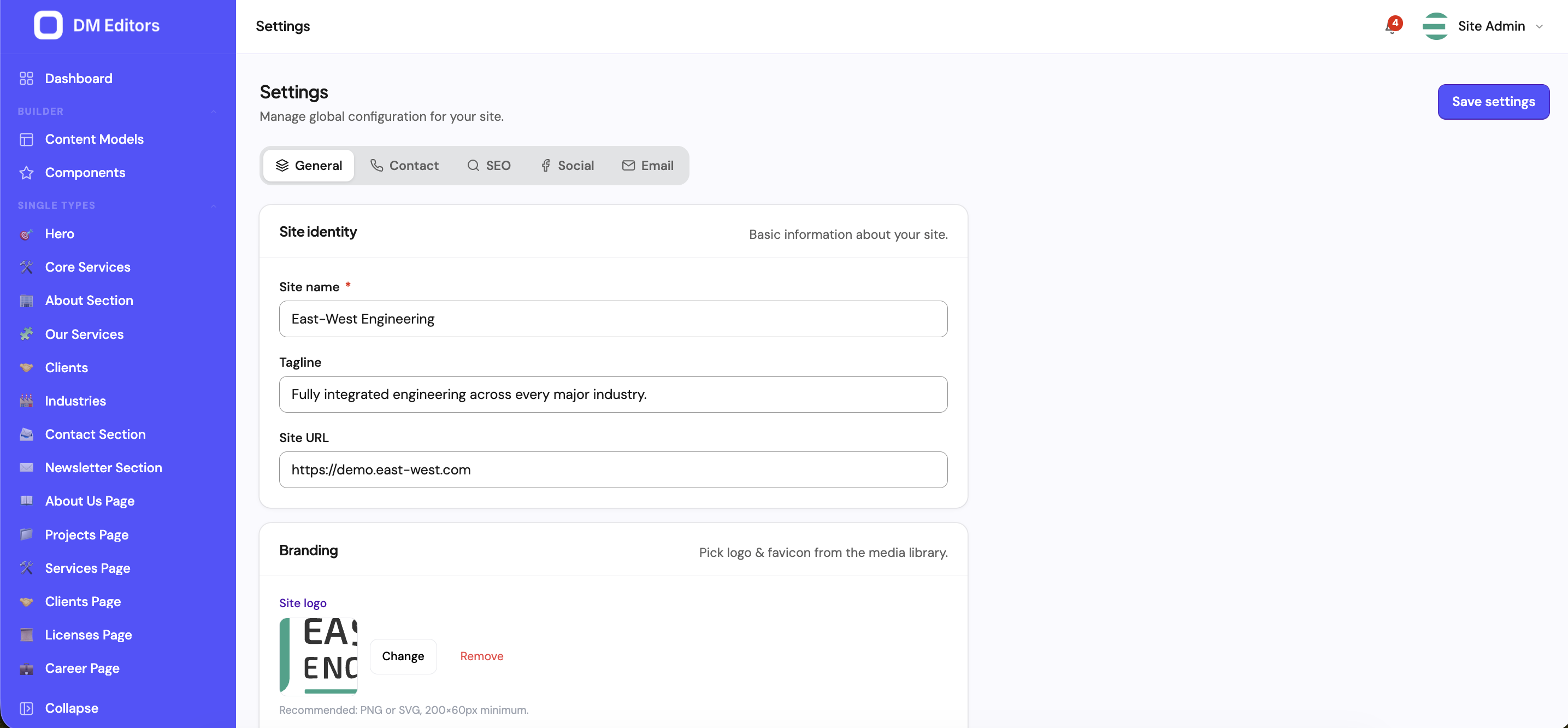 Settings page on the General tab with site identity and branding, plus tabs for Contact, SEO, Social, and Email
