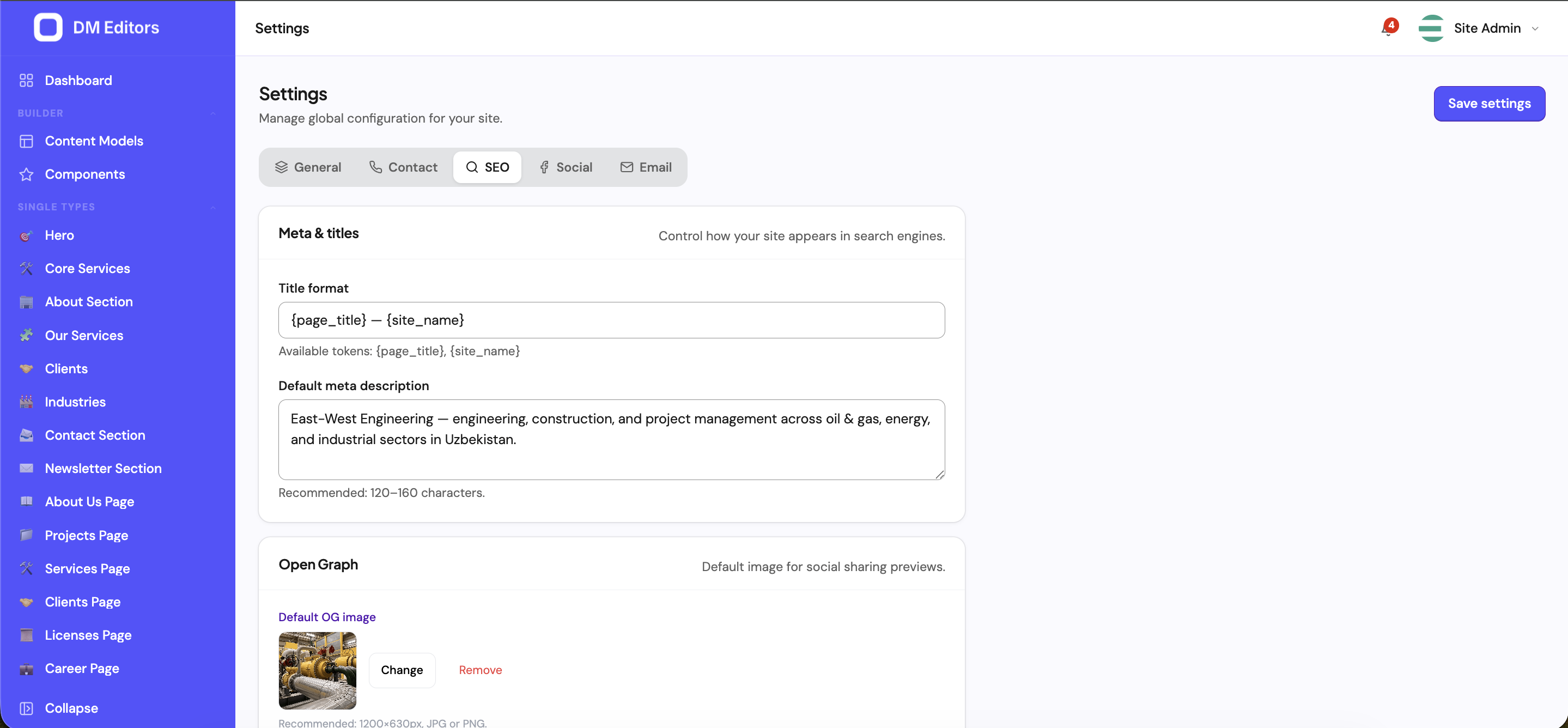 Settings SEO tab with title format, default meta description, and default Open Graph image