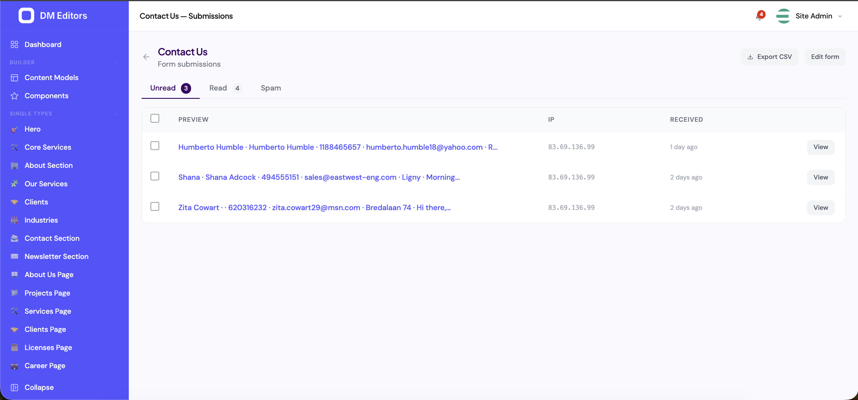 Contact Us submissions inbox with Unread / Read / Spam tabs and a table of incoming messages