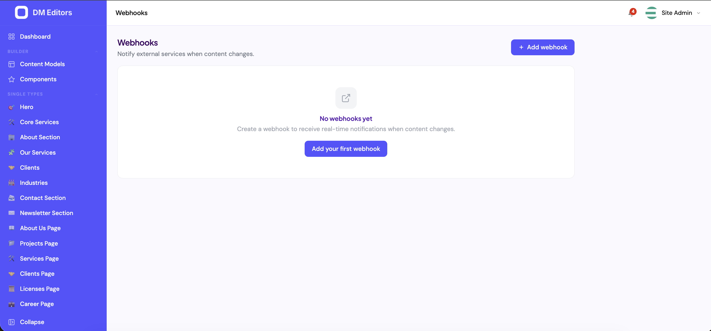 Empty Webhooks screen with an Add your first webhook call-to-action